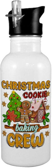 Christmas Cookie Baking Crew Stainless Steel Kids Water Bottle with Straw White 600ml