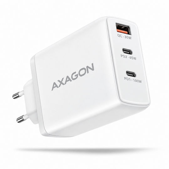 Axagon GaN-Ladegerät Ohne Kabel Mit USB-A-Anschluss Und 2 USB-C-Anschlüssen 100 W Power Delivery / Quick Charge 4+ Weiß (ACU-PQ100W)