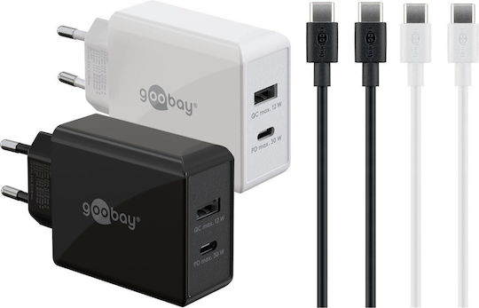 Goobay Φορτιστής GaN με Θύρα USB-A και Θύρα USB-C και Καλώδιο USB-C - USB-C 30W Power Delivery Black & White (Twin Power Set)