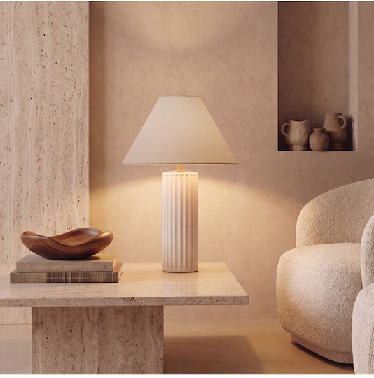 Zambelis Lights Ceramic Table Lamp for E27 Socket with Beige Shade and White Base