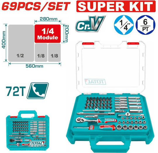 Total Ratchet & Socket Set 1\4" 69 Pcs