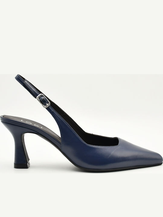 Leather Pointed Toe Heels with Strap & Medium Heel Navy Blue