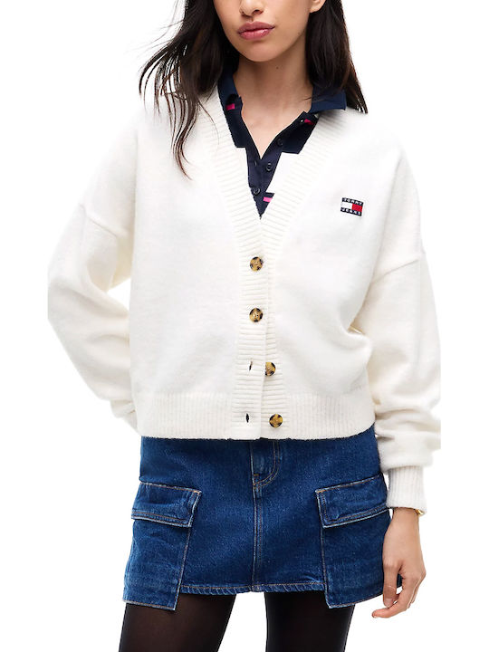 Long Women's Knitted Cardigan with Buttons Ecru