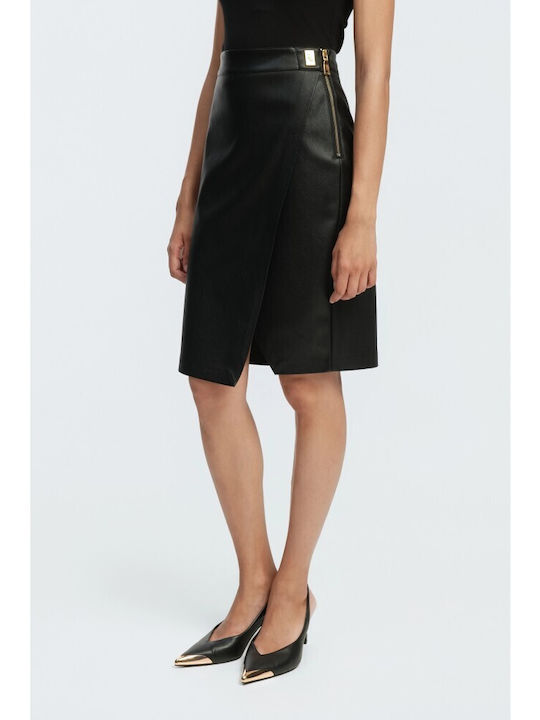 Leather High-Waisted Midi Wrap Skirt Black