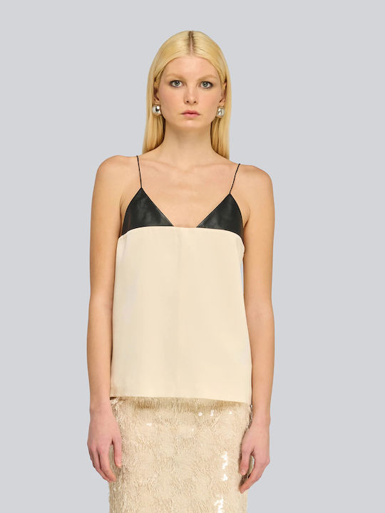 Francine Women's Cropped Satin Top with Straps & Zipper Beige