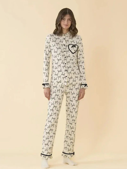Noidinotte Winterliches Damen-Schlafanzugset Ecru