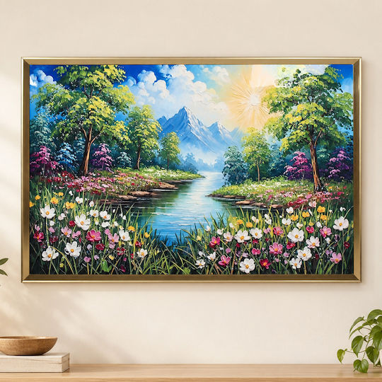 Wooden Wall Art 90x60 cm with Gold Frame and Raised Strass Keskor 29060-36