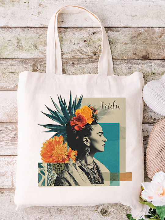 Τσάντα Πάνινη Υφασμάτινη Εκρού Σχέδιο Frida Kahlo 03 Διαστάσεις 38x40cm Μαζί Χερούλια 38x70cm