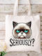 Canvas Fabric Bag Ecru Cat Design Ml-09 Dimensions 38x40cm With Handles 38x70cm