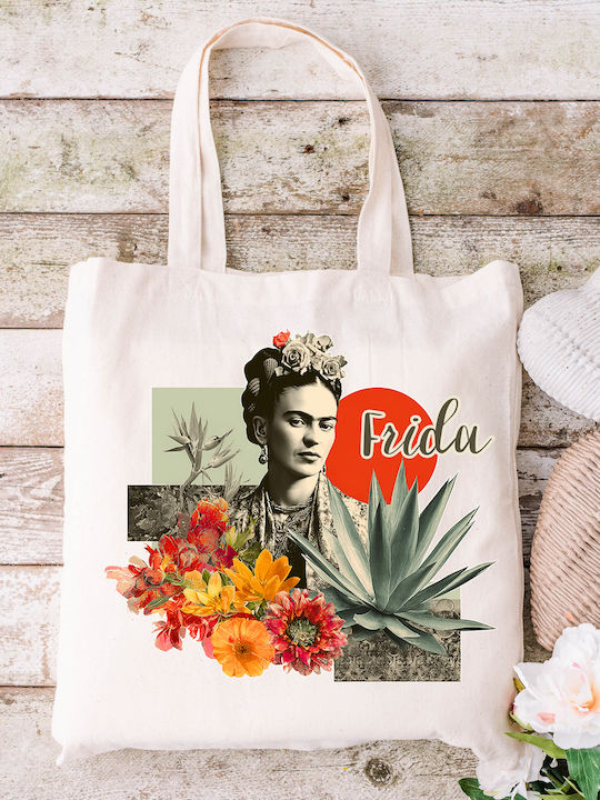 Ecru Fabric Tote Bag Frida Kahlo Design 01 Dimensions 38x40cm Including Handles 38x70cm