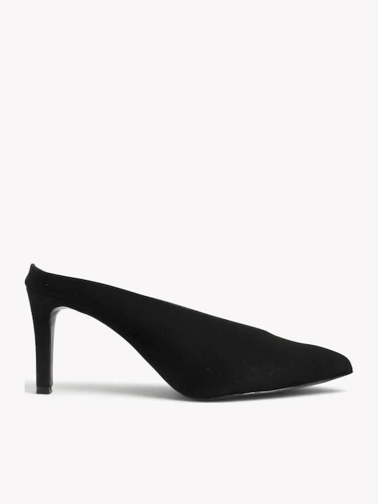 Black Mules Heels Pointed Toe Thin Heel