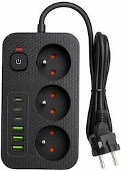 Разклонител с 3 гнезда, 3 USB-A, USB-C, превключвател и кабел 3 м Разклонител с 3 гнезда, 3 USB-A, USB-C, превключвател и кабел 3 м