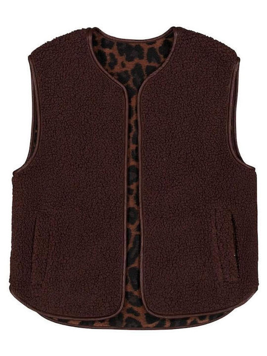Garcia Short Sleeveless Women's Knitted Cardigan Brown / Animal Print