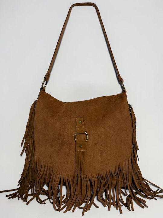 Women's Suede Messenger Bag with Fringes in Tabac Brown