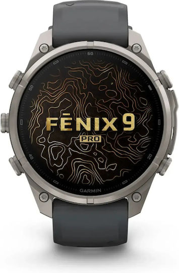 Garmin Fenix 9 Pro InReach Titanium 47 mm Водоустойчив смарт часовник с пулсомер (графитен/черна силиконова каишка)