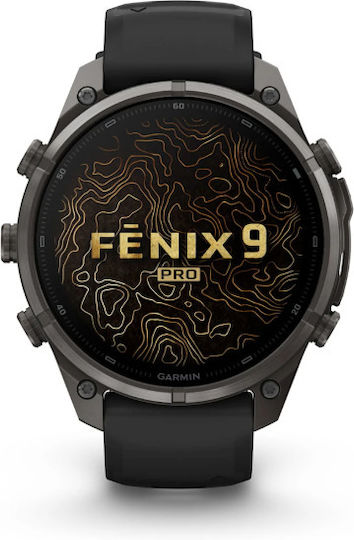 Garmin Fenix 9 Pro Titanium 47 mm Водоустойчив смарт часовник с пулсомер (Carbon Gray DLC с черна/сиво-бежова силиконова каишка)