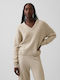 Pulover Cropped de Damă din Bumbac cu Decolteu în V Cobblestone Beige