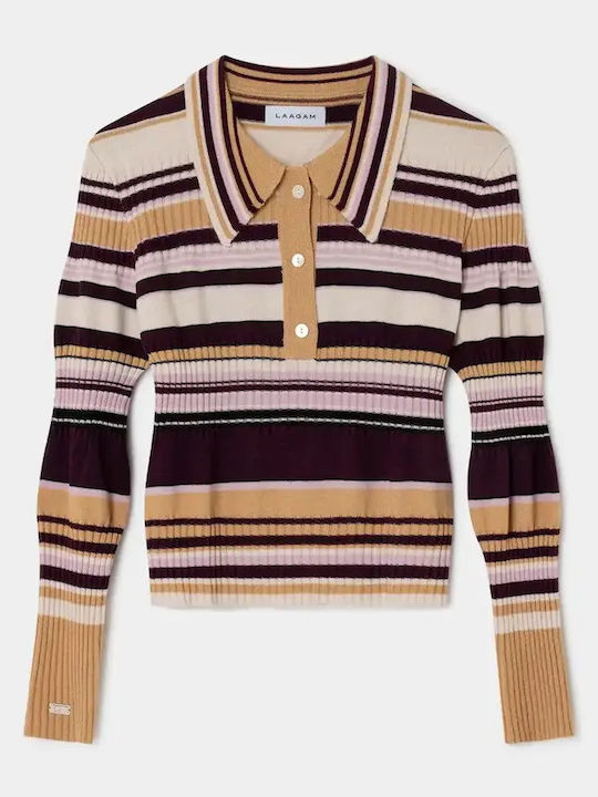 LAAGAM Women's Long Sleeve Striped Camel Sweater