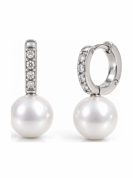 Women's Steel Hoop Earrings with White Pearl Bead & Stones – Silver