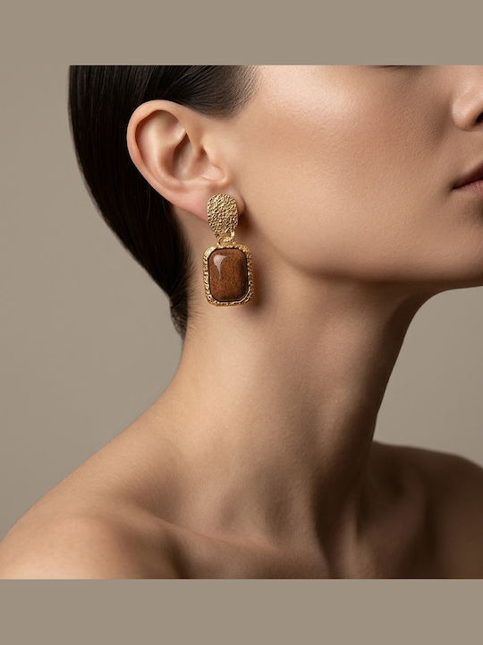 Women's Dangle Earrings Gold Rectangular Designs Brown Stones Prime Steel Brown Gold Women One Size Ssn259