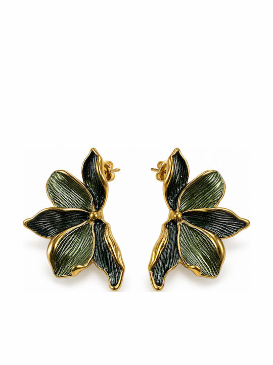 Women's Stud Flower Earrings Steel – Dark Green with Gold Details Women's Stud Flower Earrings Steel – Dark Green with Gold Details