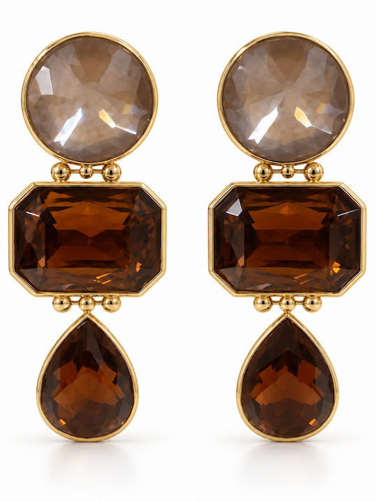 Women's Dangle Earrings Steel Brown Stones Teardrop – Gold