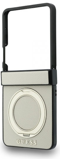 Guess Ring-Stand-Hülle mit Narbung und Logo für Samsung Galaxy Z Flip 8, Beige, Backcover