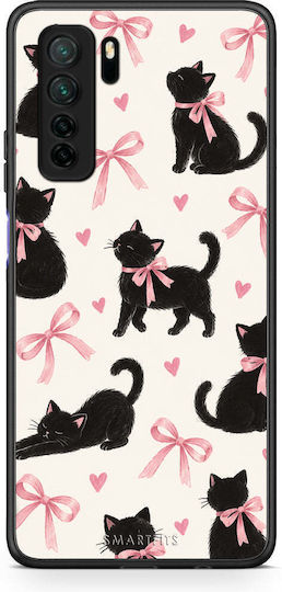 Smartfits Schwarze Kätzchen mit rosa Schleifen auf cremefarbener großer Hülle für Huawei P40 Lite 5G