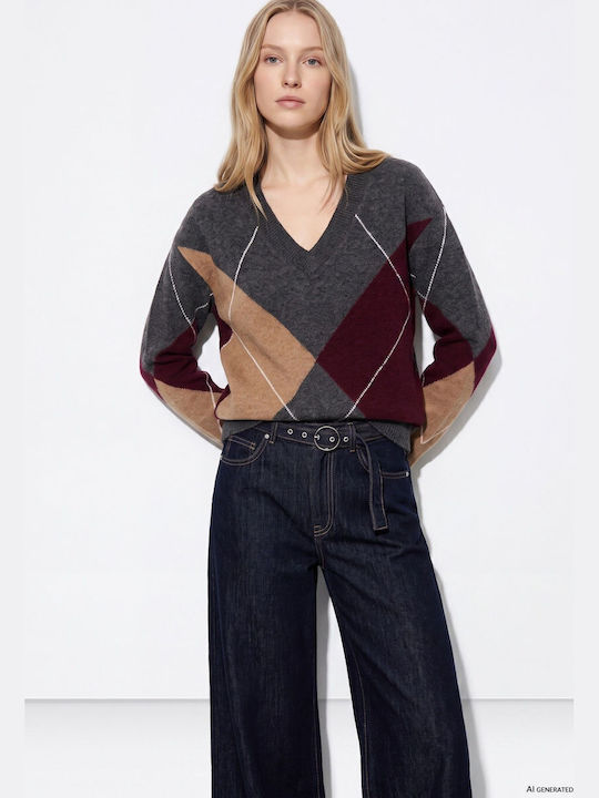 Damenbluse mit V-Ausschnitt Dark Grey With Beige And Burgundy
