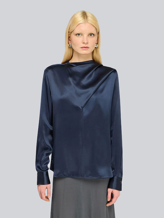 Women's Satin Long Sleeve Draped Dark Blue Blouse