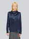 Women's Satin Long Sleeve Draped Dark Blue Blouse