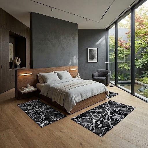 SpitiBazaar Set Modern de Covoare pentru Dormitor Gri și Negre 3 Bucăți