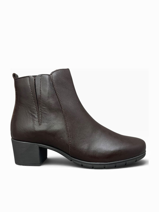 Leather Women's Ankle Boots with Medium Heel Marron