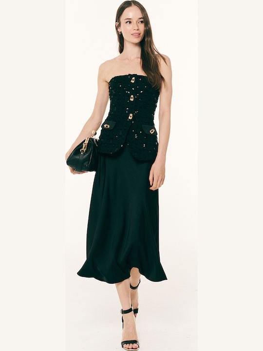 Midi Βραδινό Φόρεμα Σεμιζιέ Strapless Σατέν Μαύρο