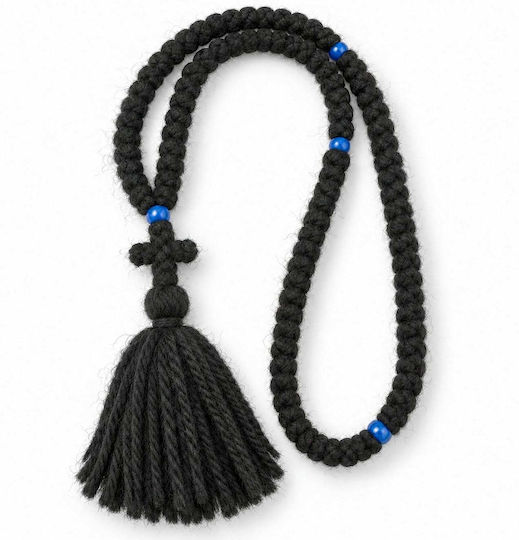 Wollenes Athonitisches Gebetsband mit 100 Knoten, Quaste & Blauen Perlen