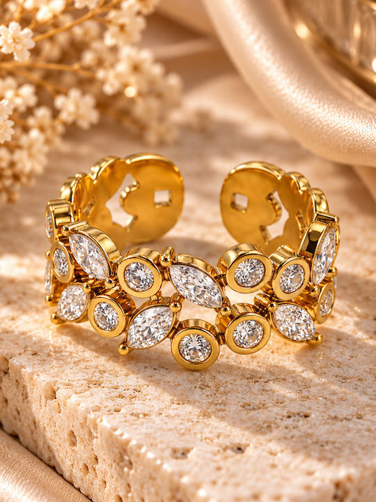 Kingleap Women's Ring with Stones Made of Gold-Plated Steel