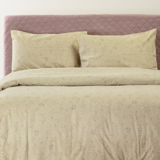 Melinen Mini Double Bed Sheet Set with 2 Pillowcases, Super-Double, Fitted, 160x200+32 cm, Beige (3 pcs)