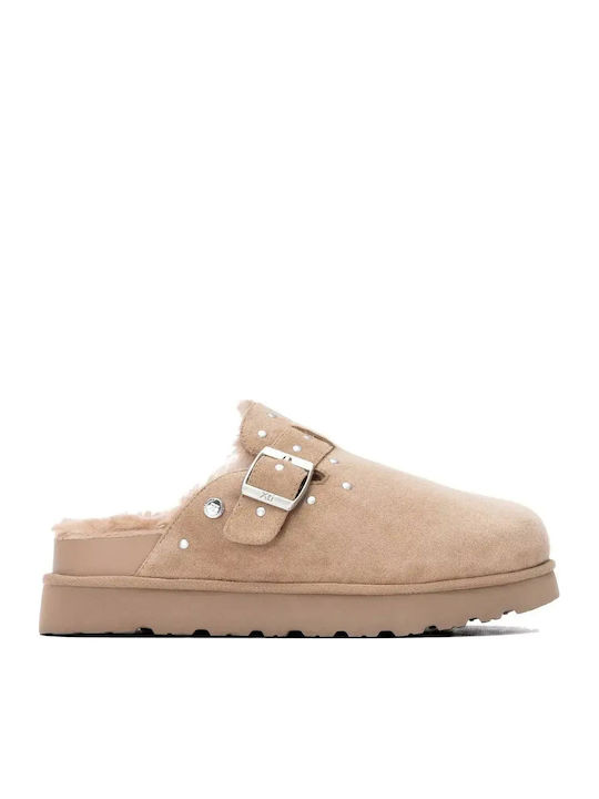 Wildleder-Clogs Damen Hausschuhe Beige