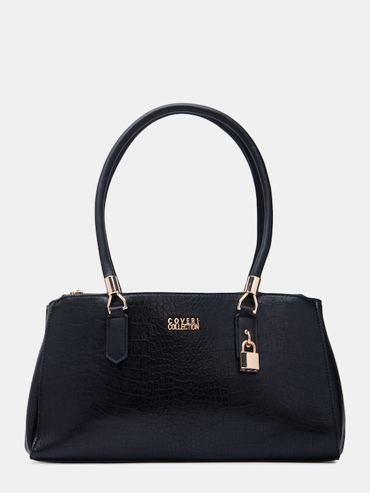 Croco Tote-Tasche für Damen aus Stoff mit Krokodilprägung Schwarz