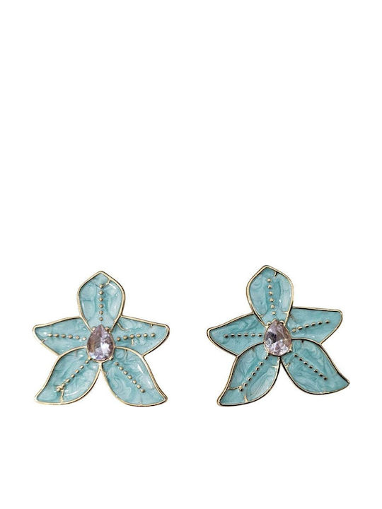 Stainless Steel Stud Earrings Flower Turquoise Stone in the Center