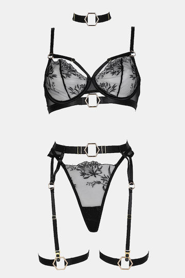 Set de lenjerie intimă transparent cu balene și jartiere negru