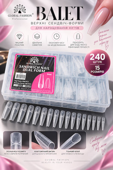 Global Fashion „Ballet“ Top-Sandwich-Formen für Nagelverlängerungen, 15 Größen, 240 Stück, Quadratisch