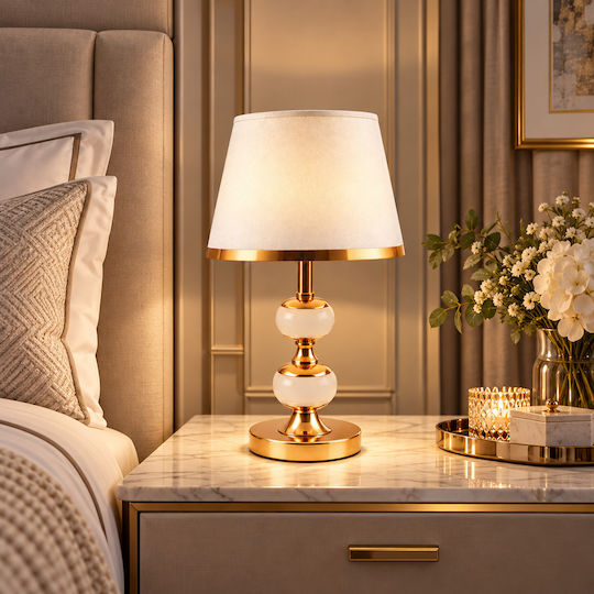 Inart Metal Table Lamp for E27 Bulb with Gold Shade and Base