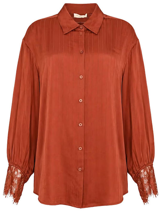 Red Long Sleeve Women's Satin Shirt