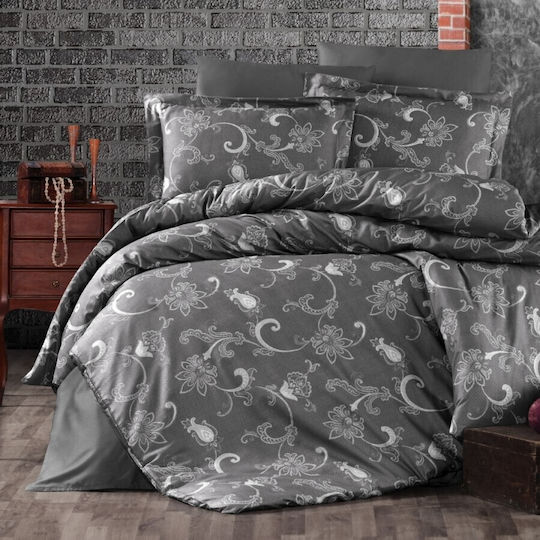 First Choice Carmina Комплект Плик за Завивка от Памучен Сатен 200x220 cm Двоен с 4 Калъфки за Възглавници и 1 Чаршаф Антрацит
