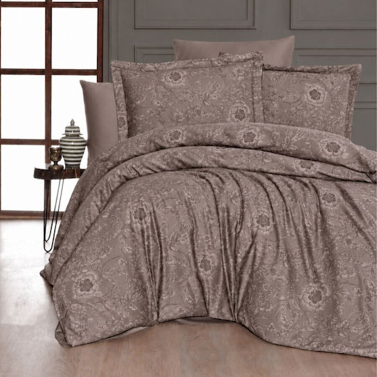 First Choice Advina Комплект Плик За Завивка Памучен Сатен 200x220 см Двоен с 4 Калъфки за Възглавници & 1 Чаршаф Кафяв
