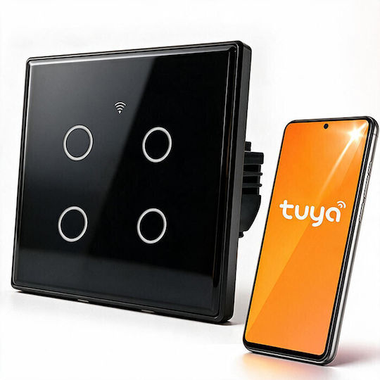 Qoltec Wall-Mounted Quadruple Wi-Fi Touch Wall Switch with Black Frame