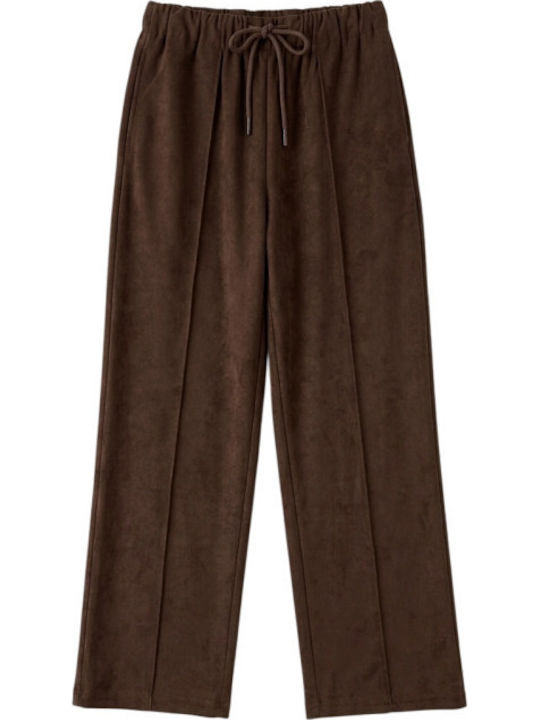 Women's Fabric Trousers with Elastic Waist Brown