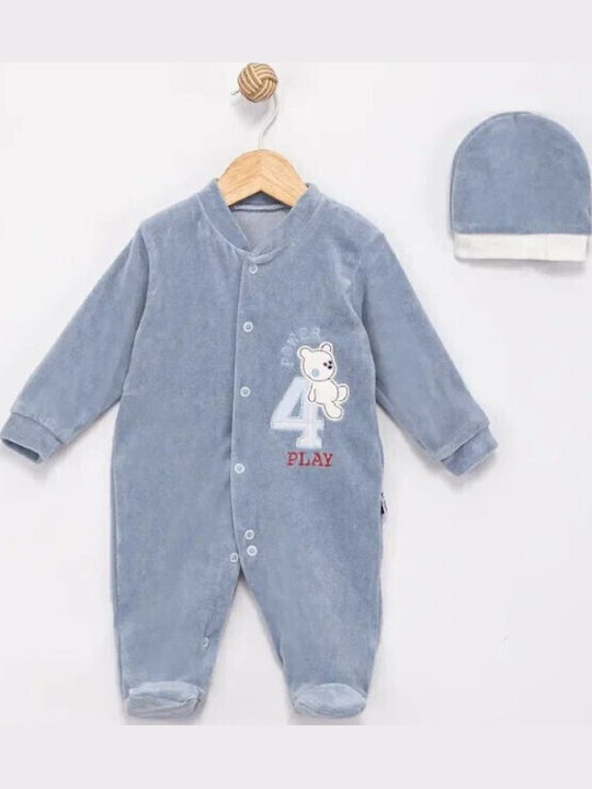 Mon Petit Art Velour Bodysuit Set With Cap Blue