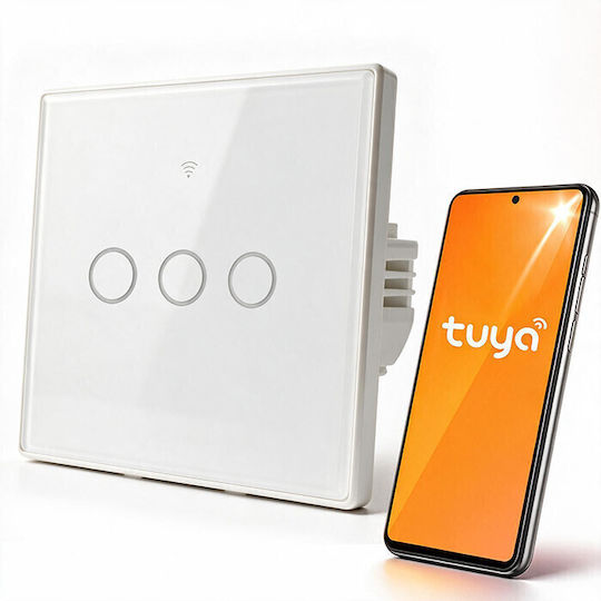 Qoltec Wall-Mounted Triple Wi-Fi Touch Wall Switch with White Frame